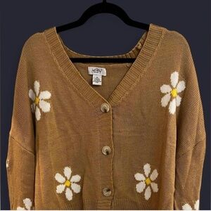 Daisy Pattern Brown Tan Button Sweater Cardigan